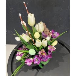 WIOSENNY Stroik kompozycja do domu z zajączkiem BRATKI KROKUSY TULIPANY